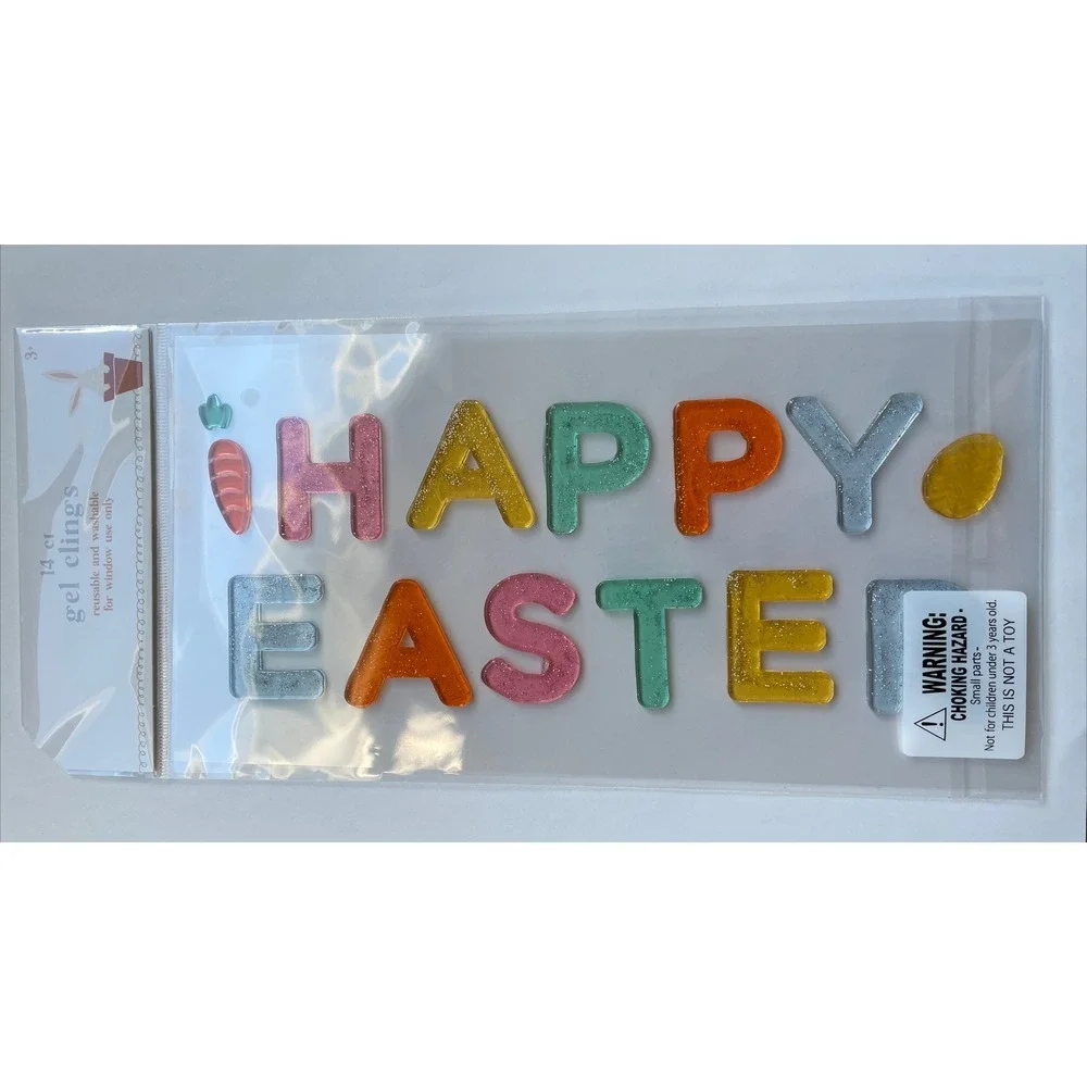 NEW Glittery Shiny HAPPY EASTER Eggs CUTE Window Gel Clings Stickers 14 ct Decor